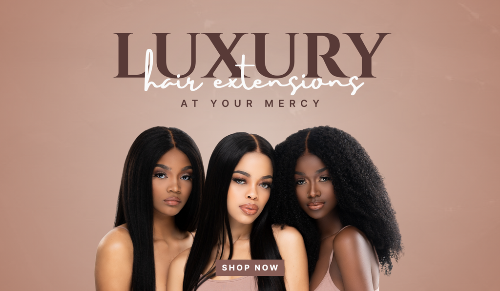 Three women with styled hair, promotional text for luxury hair extensions, on a beige background.