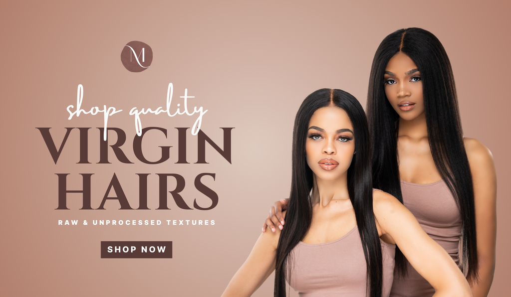 Two women with long hair standing next to each other on a beige background with text about virgin hairs.
