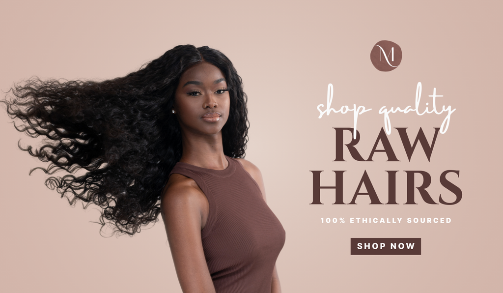 Woman with flowing hair against a beige background with text promoting raw hairs.